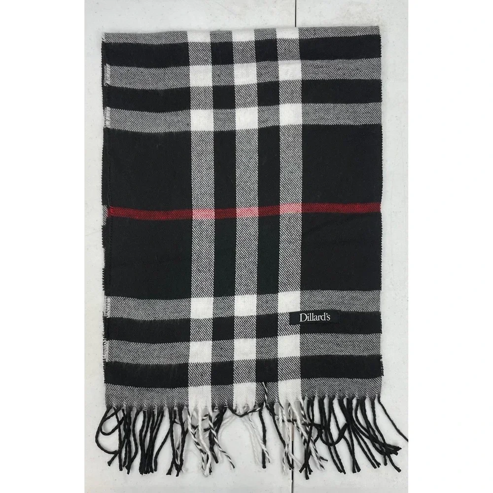Dillards Plaid Fringe Scarf Black Gray Red‎ Tartan Nova Check Winter Wrap Unisex
